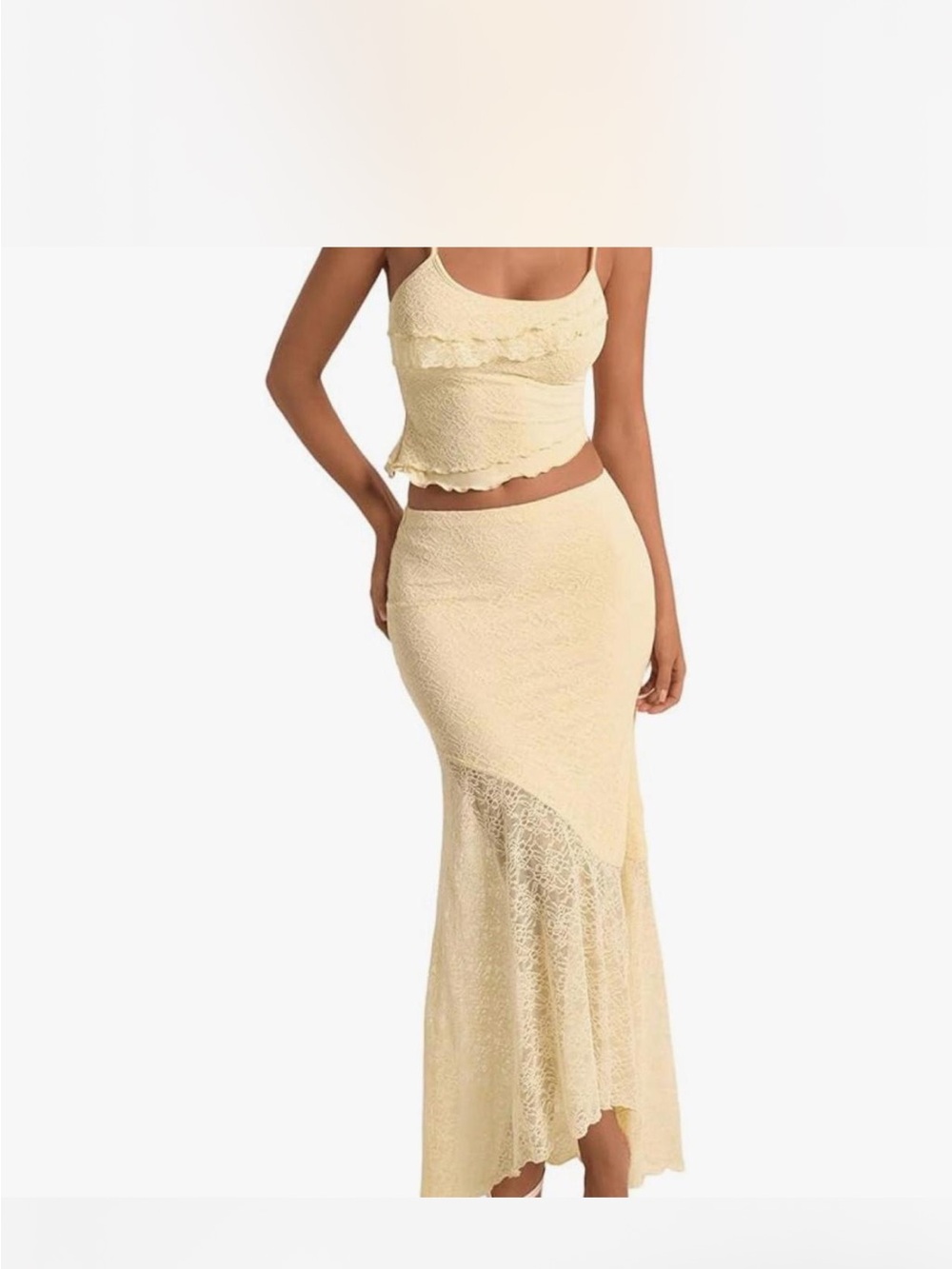 Two-Piece Lace Crop Top and Maxi Skirt Set in Pale Yellow